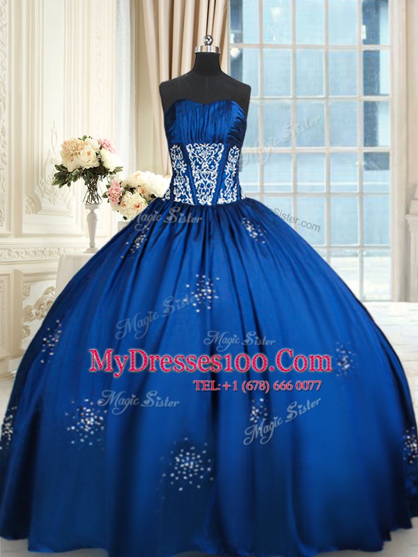 Beading Ball Gown Prom Dress Royal Blue Lace Up Sleeveless Floor Length