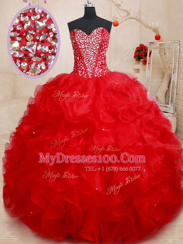 Stunning Sweetheart Sleeveless Organza Quinceanera Dress Beading and Ruffles Lace Up