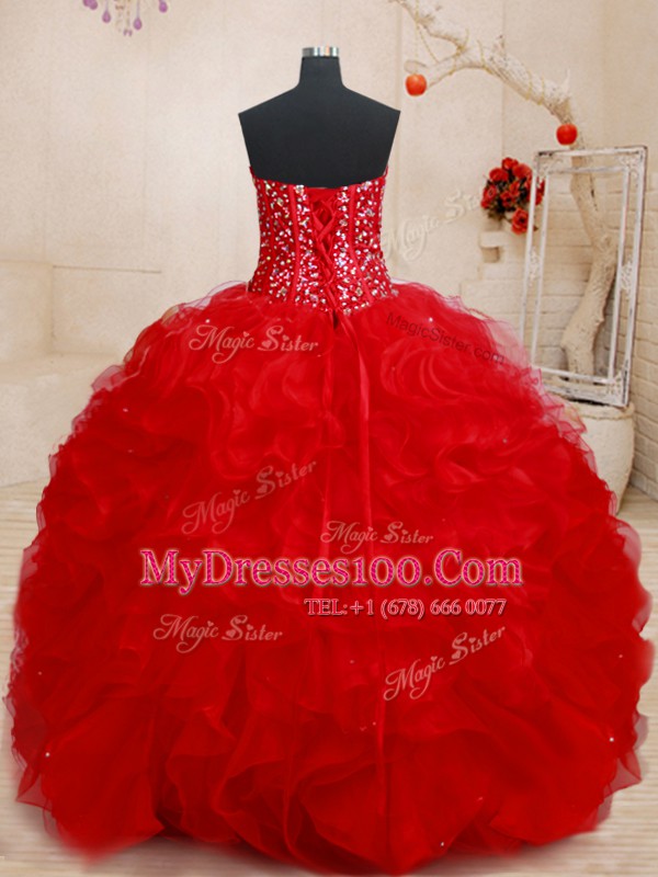 Stunning Sweetheart Sleeveless Organza Quinceanera Dress Beading and Ruffles Lace Up