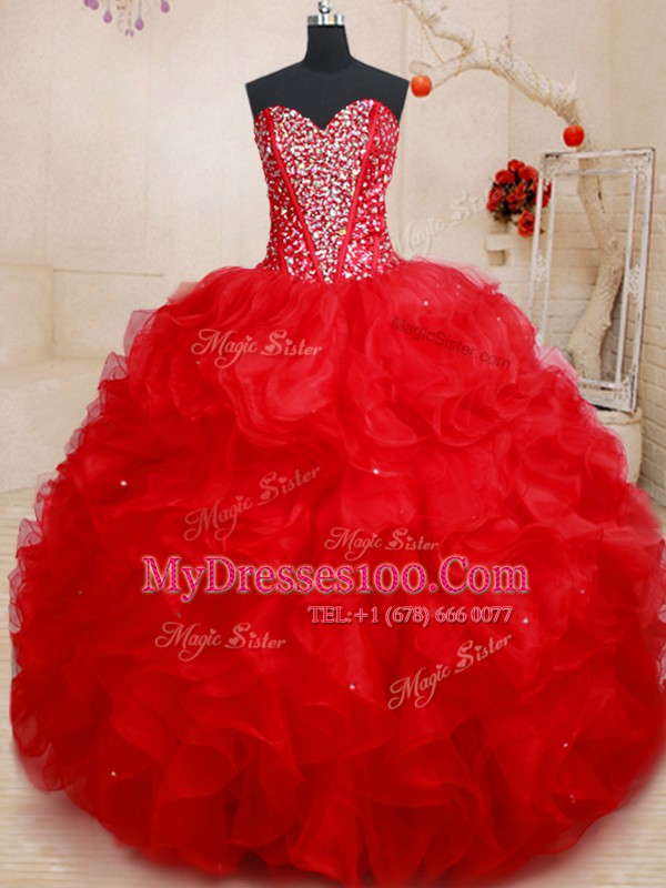 Stunning Sweetheart Sleeveless Organza Quinceanera Dress Beading and Ruffles Lace Up