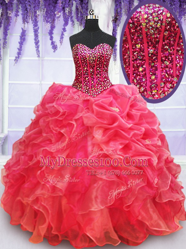 Floor Length Coral Red 15th Birthday Dress Organza Sleeveless Beading and Ruffles
