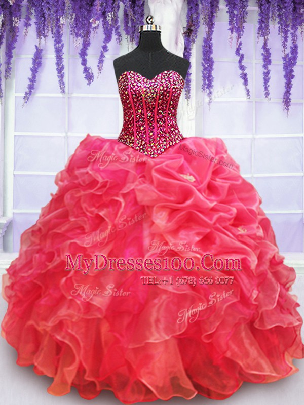 Floor Length Coral Red 15th Birthday Dress Organza Sleeveless Beading and Ruffles