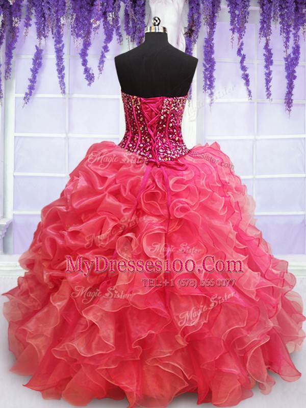 Floor Length Coral Red 15th Birthday Dress Organza Sleeveless Beading and Ruffles