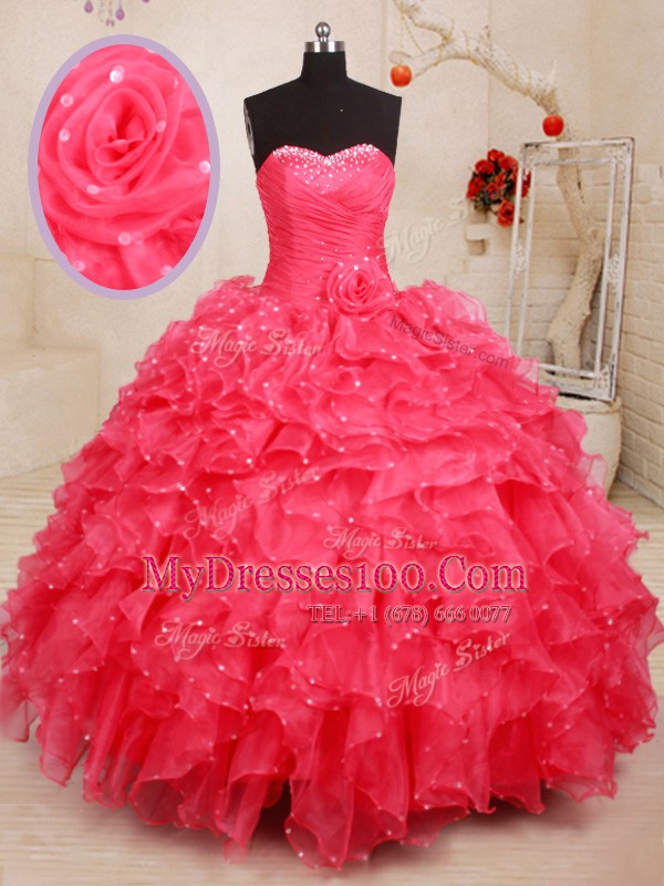 Sequins Floor Length Ball Gowns Sleeveless Coral Red Ball Gown Prom Dress Lace Up