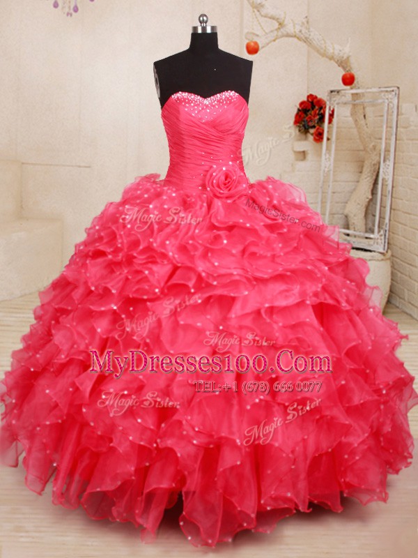 Sequins Floor Length Ball Gowns Sleeveless Coral Red Ball Gown Prom Dress Lace Up