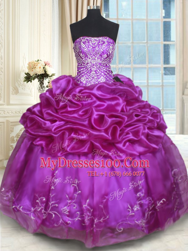 Eggplant Purple Organza Lace Up Strapless Sleeveless Floor Length Sweet 16 Dresses Beading and Embroidery and Pick Ups