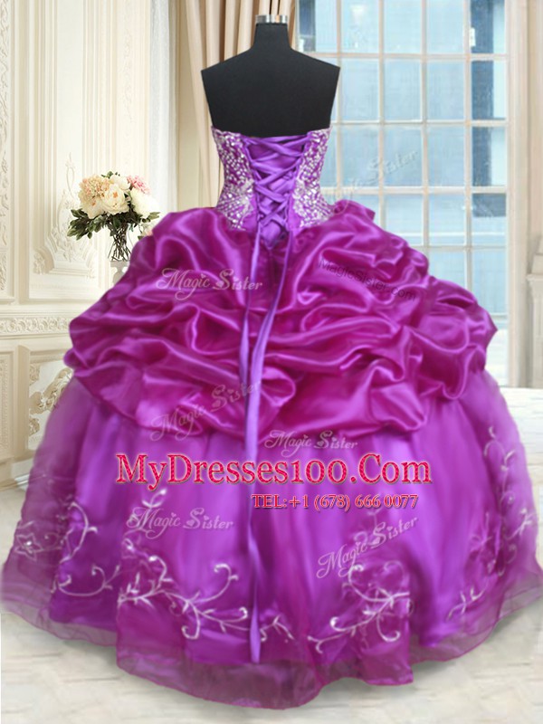 Eggplant Purple Organza Lace Up Strapless Sleeveless Floor Length Sweet 16 Dresses Beading and Embroidery and Pick Ups