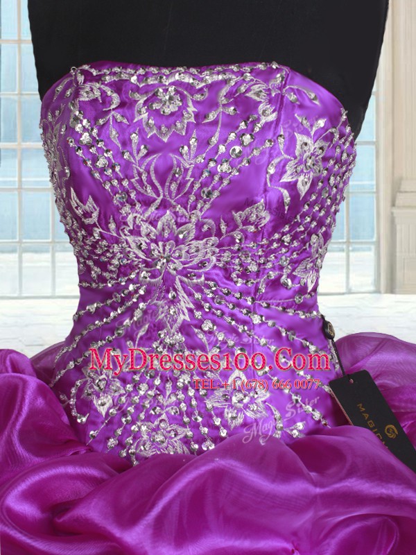 Eggplant Purple Organza Lace Up Strapless Sleeveless Floor Length Sweet 16 Dresses Beading and Embroidery and Pick Ups