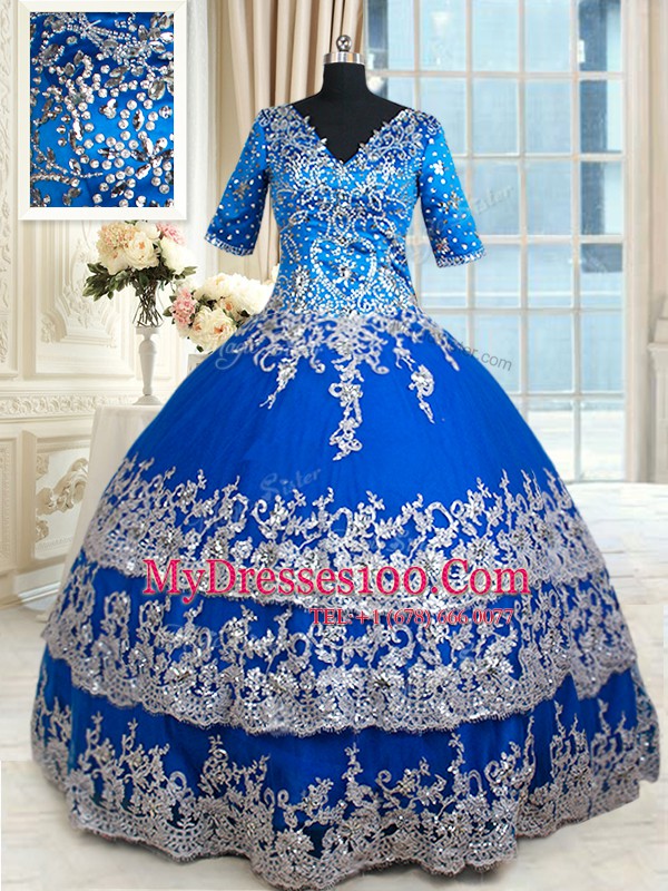 Stunning Ruffled Floor Length Ball Gowns Half Sleeves Royal Blue Vestidos de Quinceanera Zipper