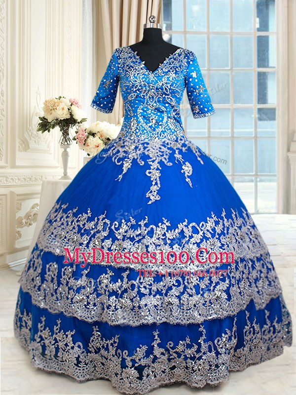Stunning Ruffled Floor Length Ball Gowns Half Sleeves Royal Blue Vestidos de Quinceanera Zipper
