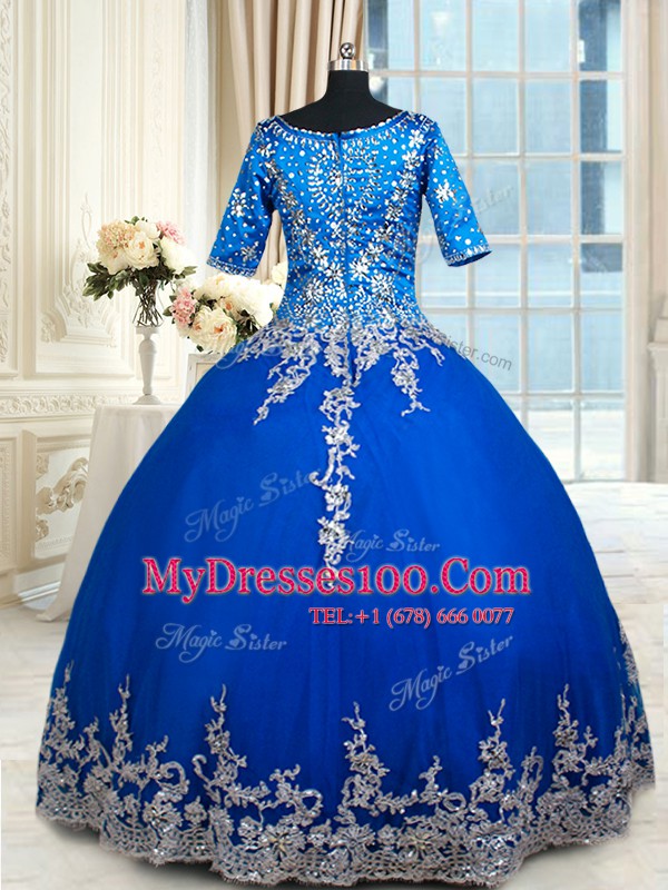 Stunning Ruffled Floor Length Ball Gowns Half Sleeves Royal Blue Vestidos de Quinceanera Zipper