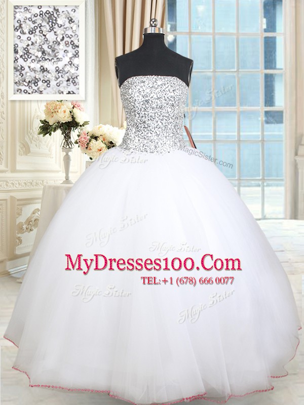 Enchanting White Tulle Lace Up Quince Ball Gowns Sleeveless Floor Length Beading and Sequins