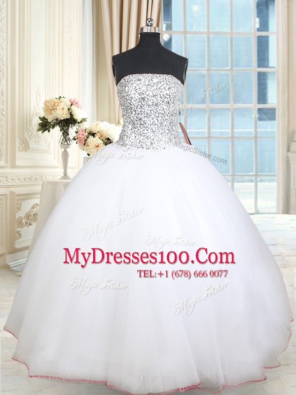 Enchanting White Tulle Lace Up Quince Ball Gowns Sleeveless Floor Length Beading and Sequins