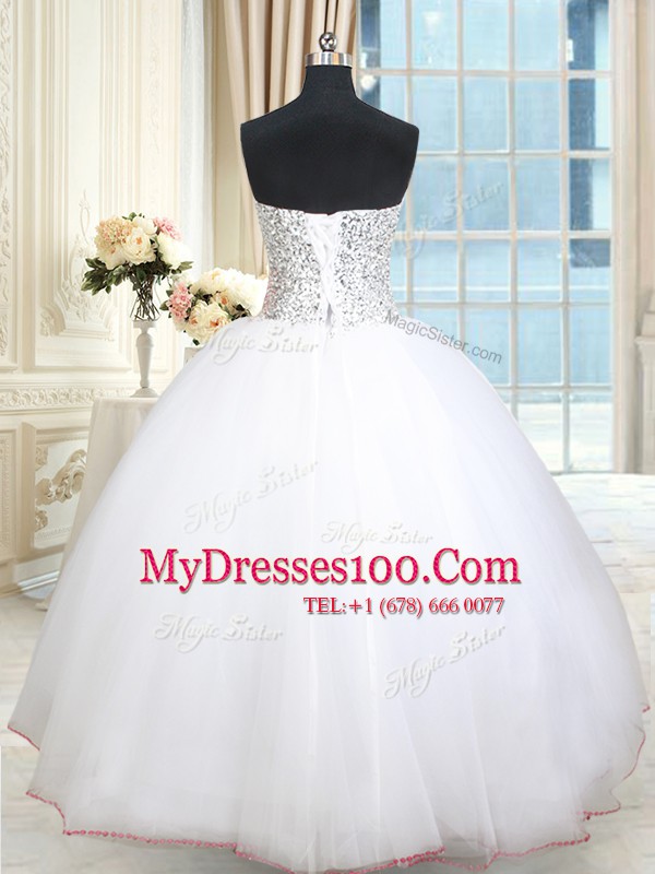 Enchanting White Tulle Lace Up Quince Ball Gowns Sleeveless Floor Length Beading and Sequins
