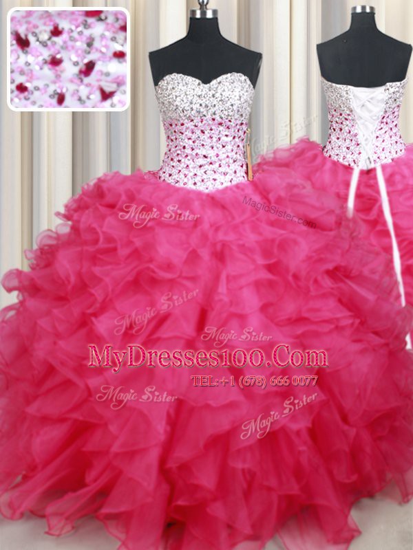 Hot Pink Organza Lace Up Sweetheart Sleeveless Floor Length 15 Quinceanera Dress Beading and Ruffles