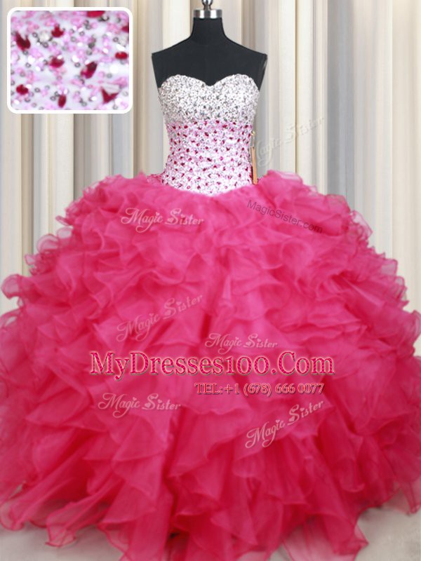 Hot Pink Organza Lace Up Sweetheart Sleeveless Floor Length 15 Quinceanera Dress Beading and Ruffles