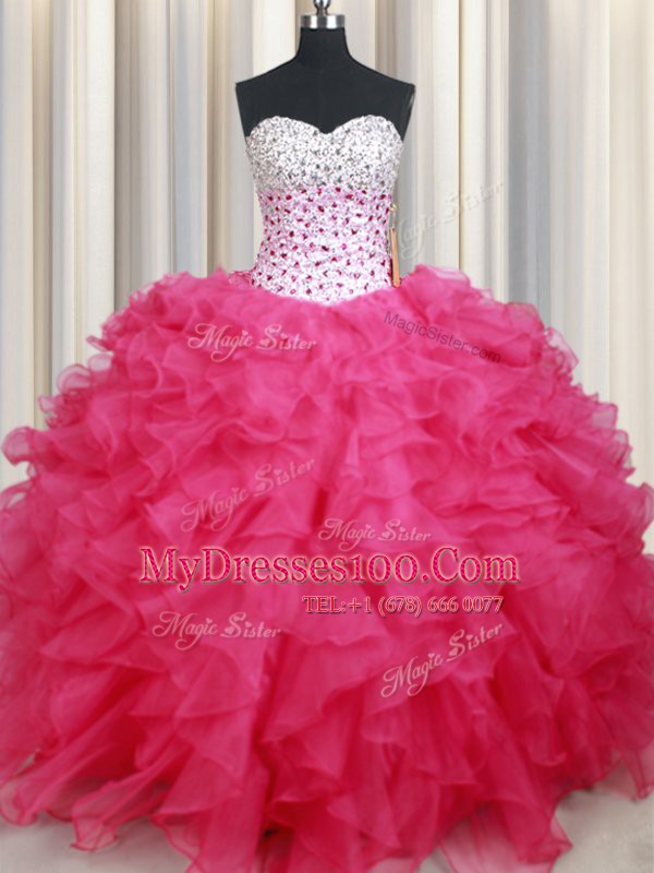 Hot Pink Organza Lace Up Sweetheart Sleeveless Floor Length 15 Quinceanera Dress Beading and Ruffles