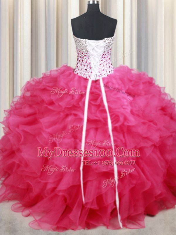 Hot Pink Organza Lace Up Sweetheart Sleeveless Floor Length 15 Quinceanera Dress Beading and Ruffles