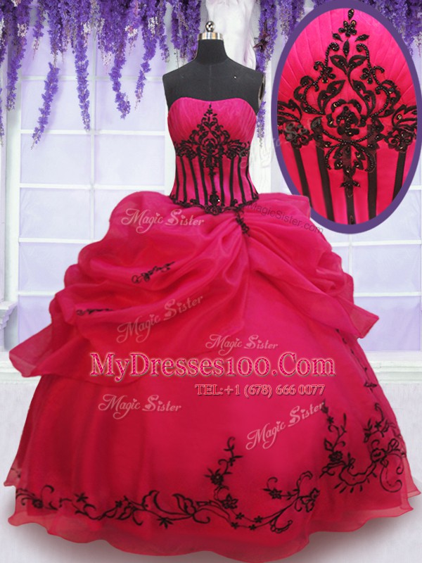 Embroidery and Pick Ups Sweet 16 Quinceanera Dress Coral Red Lace Up Sleeveless Floor Length