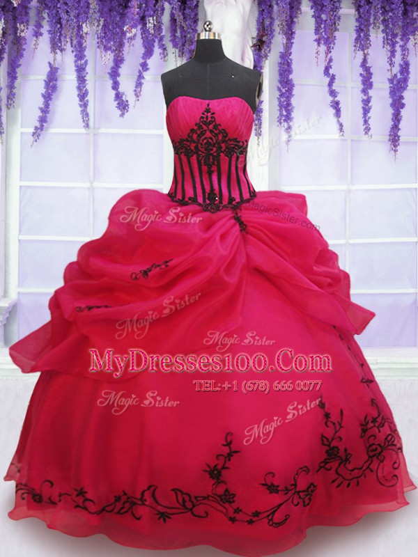 Embroidery and Pick Ups Sweet 16 Quinceanera Dress Coral Red Lace Up Sleeveless Floor Length