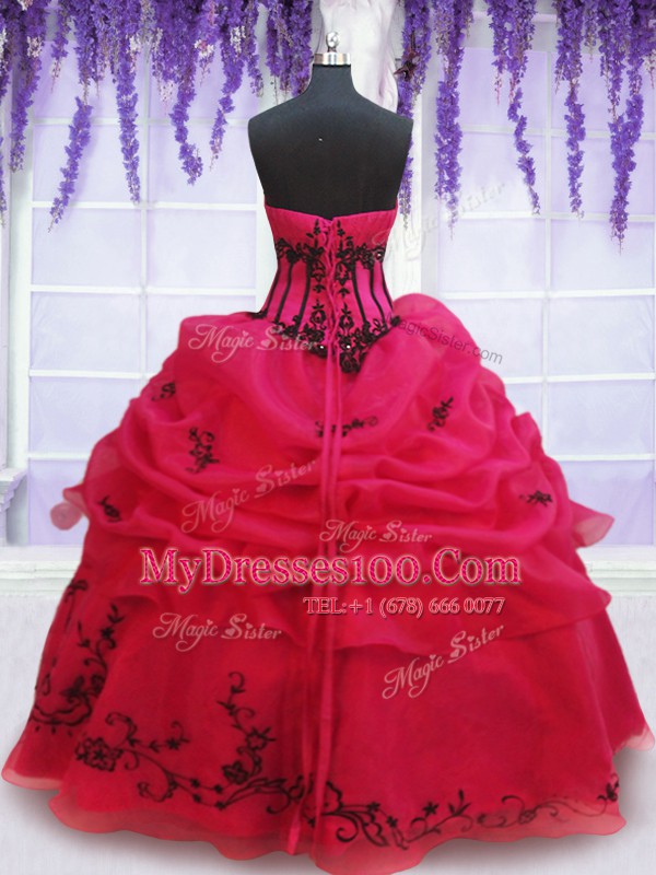 Embroidery and Pick Ups Sweet 16 Quinceanera Dress Coral Red Lace Up Sleeveless Floor Length
