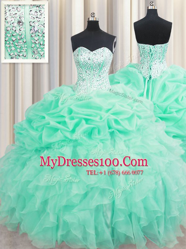 Apple Green Sleeveless Beading and Ruffles and Pick Ups Floor Length 15th Birthday Dress