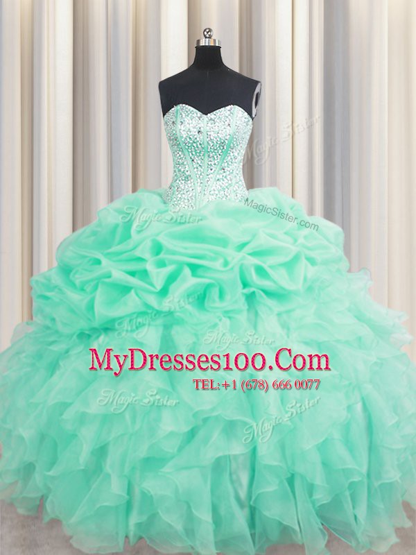 Apple Green Sleeveless Beading and Ruffles and Pick Ups Floor Length 15th Birthday Dress