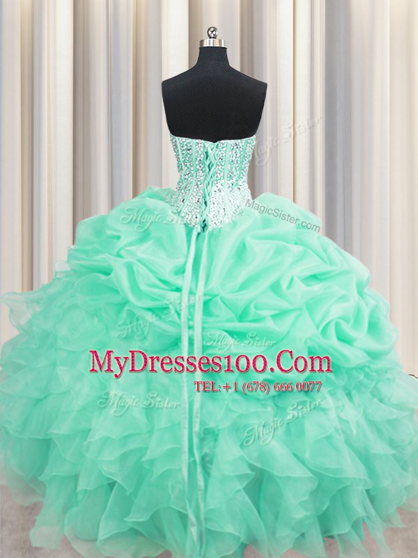 Apple Green Sleeveless Beading and Ruffles and Pick Ups Floor Length 15th Birthday Dress