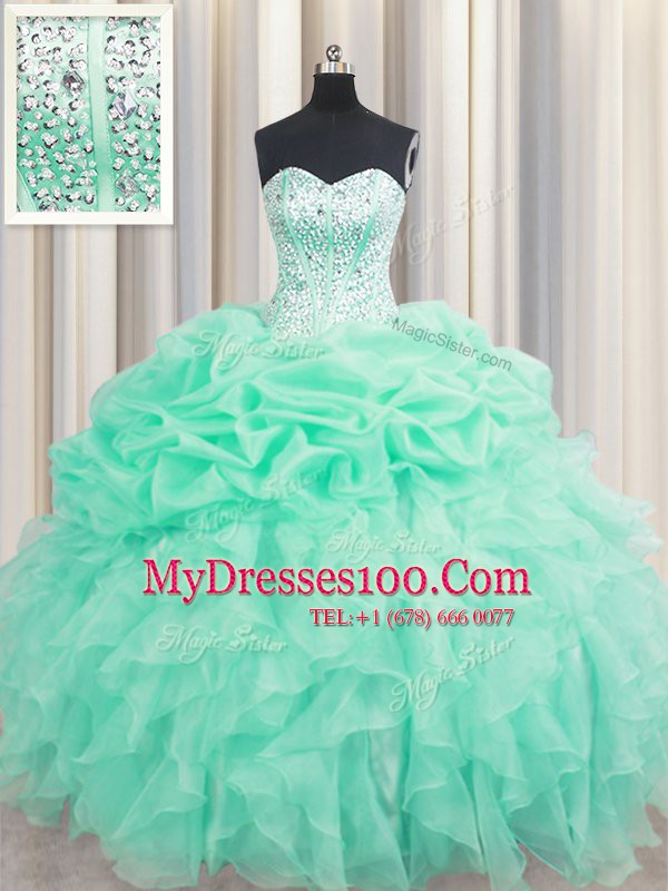 Apple Green Sleeveless Beading and Ruffles and Pick Ups Floor Length 15th Birthday Dress