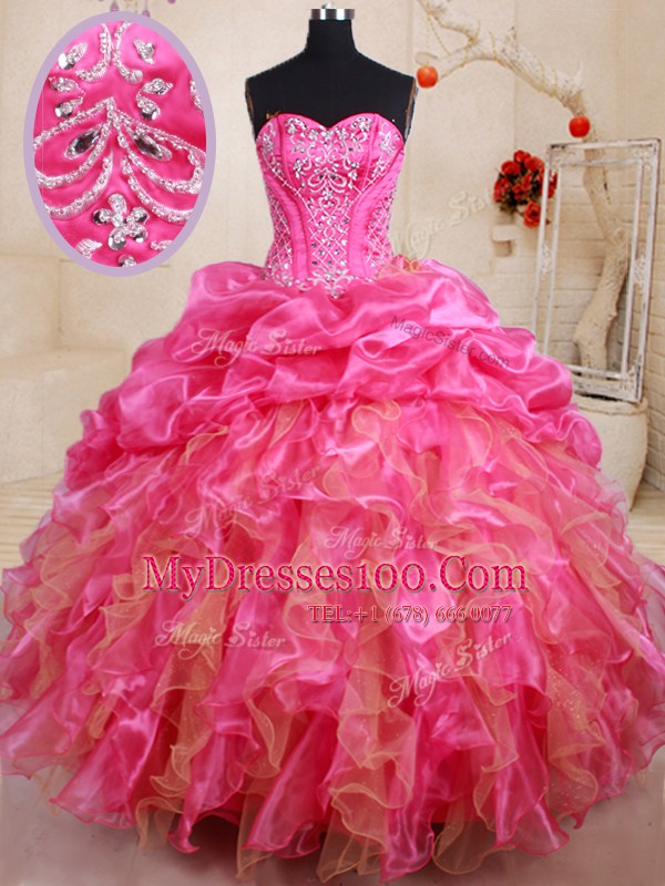 Dramatic Hot Pink Ball Gowns Beading and Ruffles and Pick Ups Sweet 16 Dresses Lace Up Organza Sleeveless Floor Length