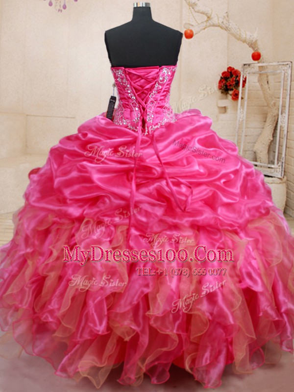 Dramatic Hot Pink Ball Gowns Beading and Ruffles and Pick Ups Sweet 16 Dresses Lace Up Organza Sleeveless Floor Length