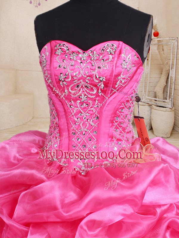 Dramatic Hot Pink Ball Gowns Beading and Ruffles and Pick Ups Sweet 16 Dresses Lace Up Organza Sleeveless Floor Length