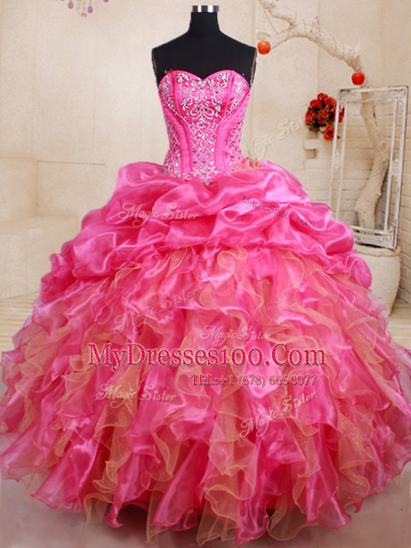 Dramatic Hot Pink Ball Gowns Beading and Ruffles and Pick Ups Sweet 16 Dresses Lace Up Organza Sleeveless Floor Length