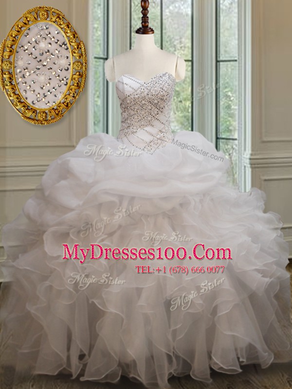 White Quinceanera Gowns Military Ball and Sweet 16 and Quinceanera and For with Beading and Ruffles and Pick Ups Sweetheart Sleeveless Lace Up