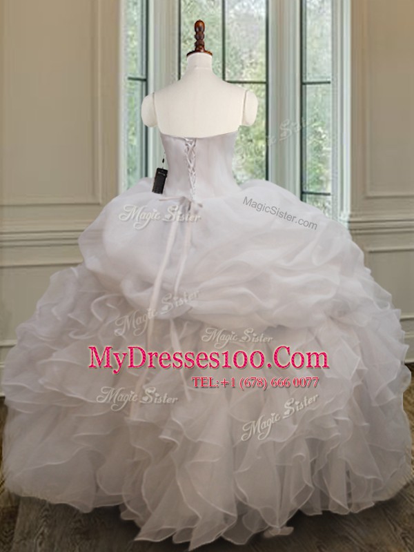 White Quinceanera Gowns Military Ball and Sweet 16 and Quinceanera and For with Beading and Ruffles and Pick Ups Sweetheart Sleeveless Lace Up