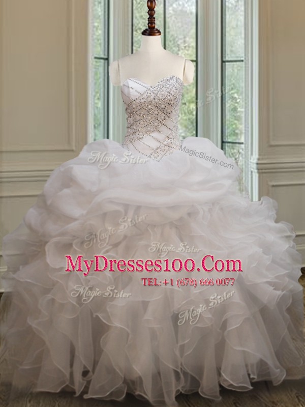 White Quinceanera Gowns Military Ball and Sweet 16 and Quinceanera and For with Beading and Ruffles and Pick Ups Sweetheart Sleeveless Lace Up