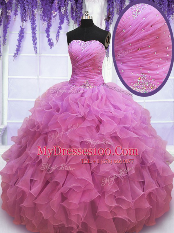 Top Selling Sleeveless Floor Length Beading and Ruffles Lace Up 15 Quinceanera Dress with Lilac