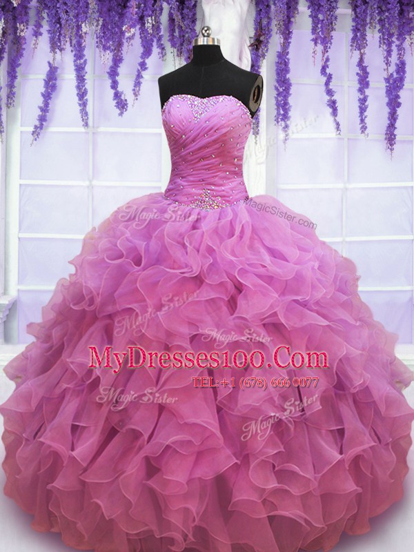 Top Selling Sleeveless Floor Length Beading and Ruffles Lace Up 15 Quinceanera Dress with Lilac