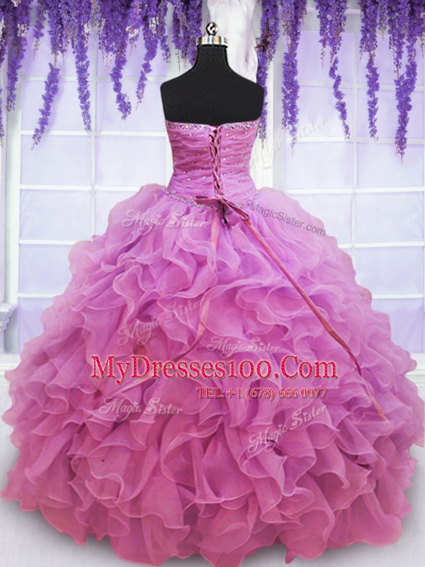 Top Selling Sleeveless Floor Length Beading and Ruffles Lace Up 15 Quinceanera Dress with Lilac
