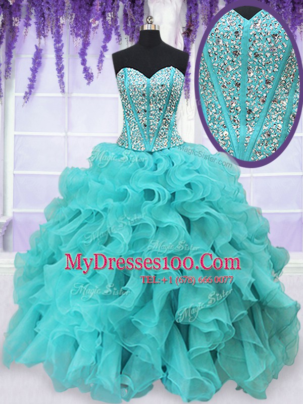 Great Aqua Blue Sweetheart Neckline Beading and Ruffles Quinceanera Dress Sleeveless Lace Up