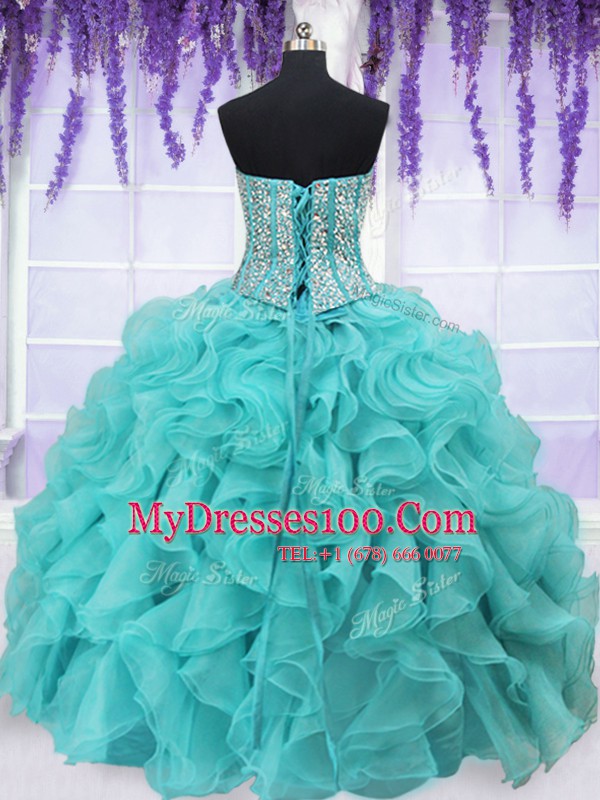 Great Aqua Blue Sweetheart Neckline Beading and Ruffles Quinceanera Dress Sleeveless Lace Up