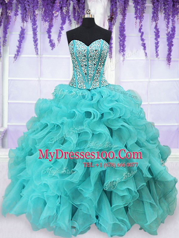 Great Aqua Blue Sweetheart Neckline Beading and Ruffles Quinceanera Dress Sleeveless Lace Up