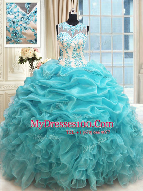 Customized Pick Ups Ball Gowns Vestidos de Quinceanera Aqua Blue Scoop Organza Sleeveless Floor Length Zipper