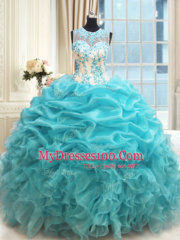 Customized Pick Ups Ball Gowns Vestidos de Quinceanera Aqua Blue Scoop Organza Sleeveless Floor Length Zipper