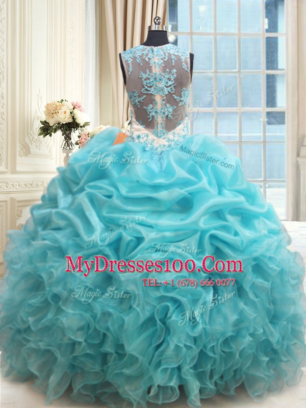 Customized Pick Ups Ball Gowns Vestidos de Quinceanera Aqua Blue Scoop Organza Sleeveless Floor Length Zipper