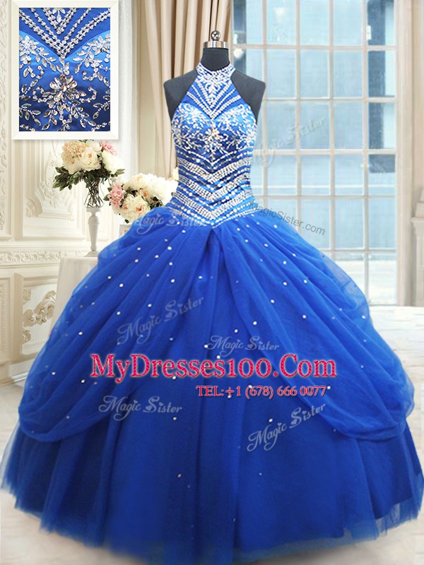 New Arrival Halter Top Royal Blue Sleeveless Floor Length Beading and Pick Ups Lace Up Sweet 16 Dress