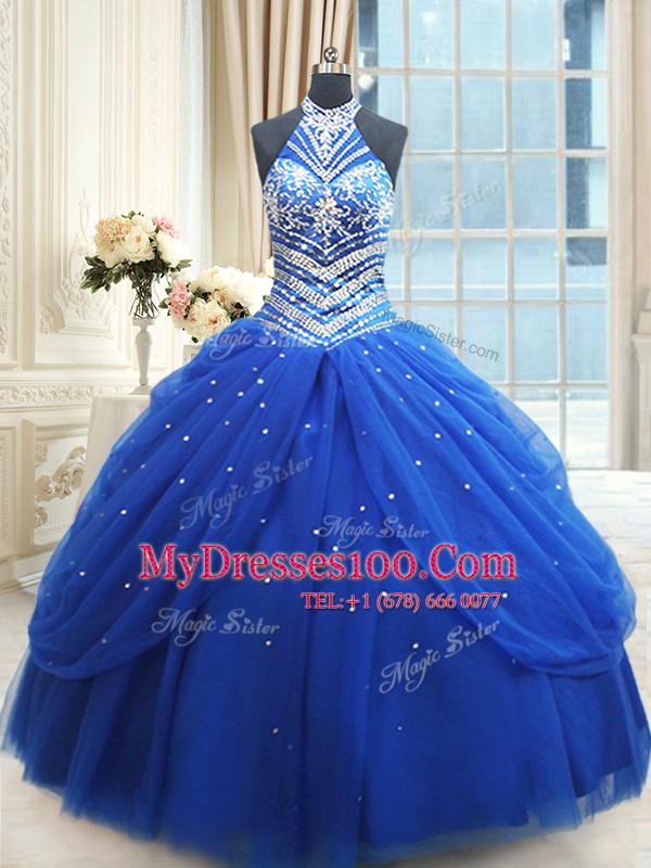 New Arrival Halter Top Royal Blue Sleeveless Floor Length Beading and Pick Ups Lace Up Sweet 16 Dress