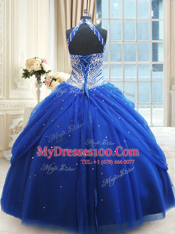 New Arrival Halter Top Royal Blue Sleeveless Floor Length Beading and Pick Ups Lace Up Sweet 16 Dress