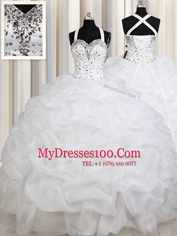 Perfect Organza Straps Sleeveless Lace Up Beading and Ruffles and Pick Ups Quinceanera Gown in White
