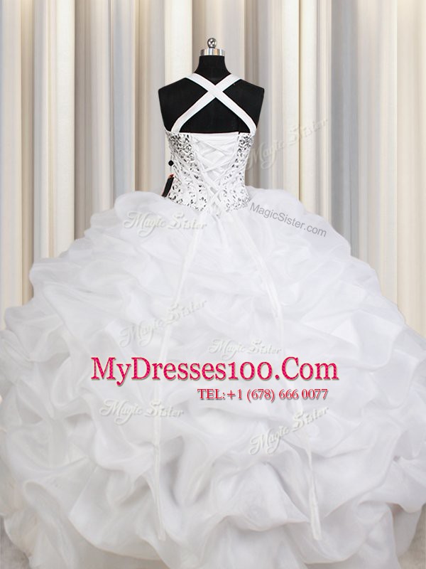 Perfect Organza Straps Sleeveless Lace Up Beading and Ruffles and Pick Ups Quinceanera Gown in White